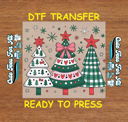Christmas ready to press dtf transfer with festive patterned Christmas trees featuring bows stars hearts and plaid holiday details