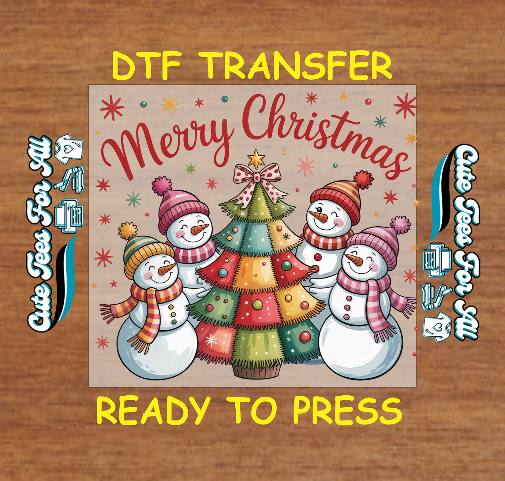 Christmas ready to press dtf transfer with merry christmas text snowmen and decorated holiday tree illustration