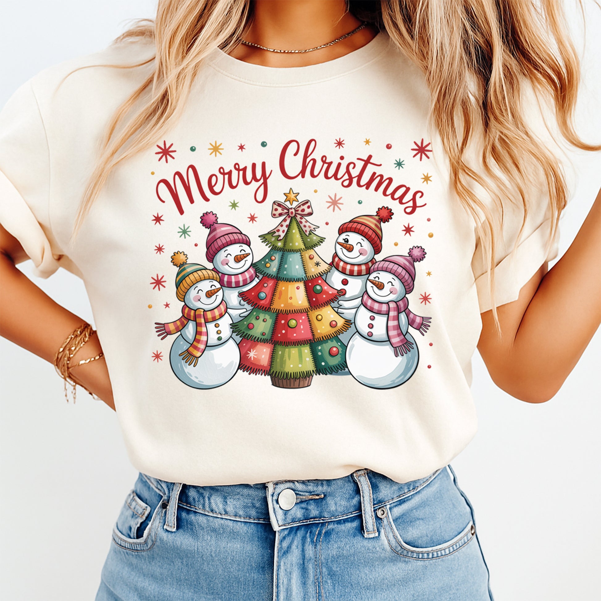 Christmas shirt mockup featuring merry christmas snowmen and festive tree design for diy Christmas shirts