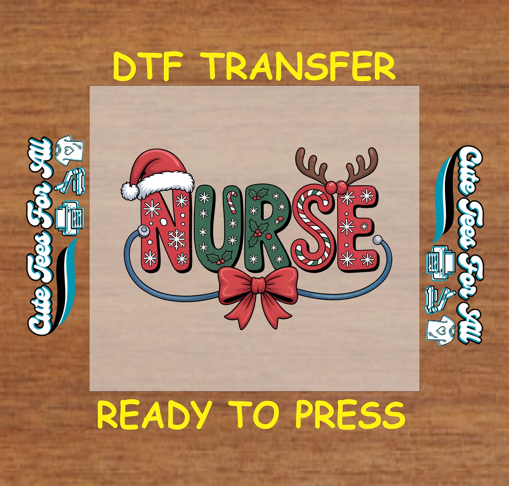 Christmas nurse ready to press dtf transfer with nurse holiday lettering santa hat antlers bow and festive snowflake accents