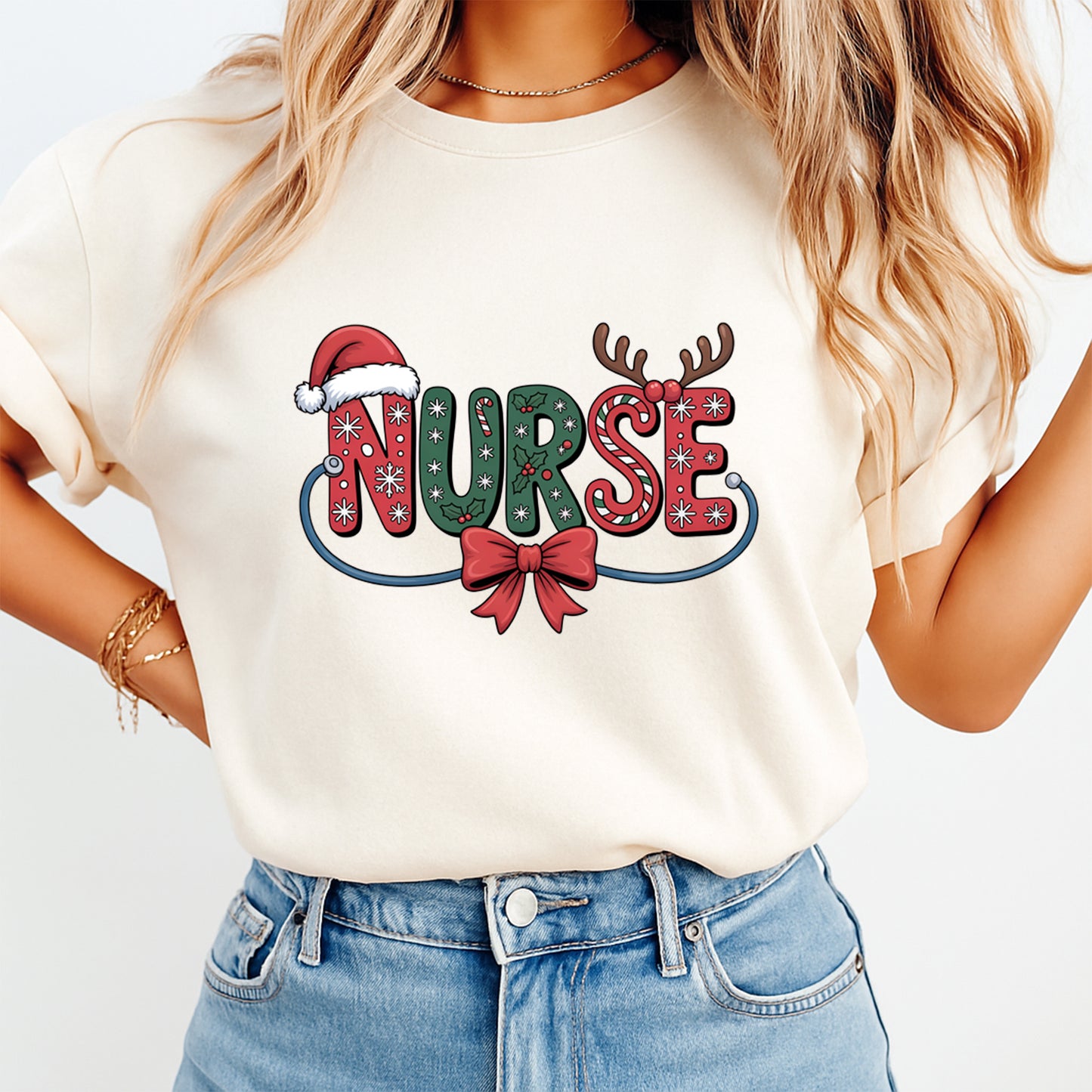Christmas nurse shirt mockup featuring festive nurse lettering with santa hat bow and antlers for diy Christmas shirts