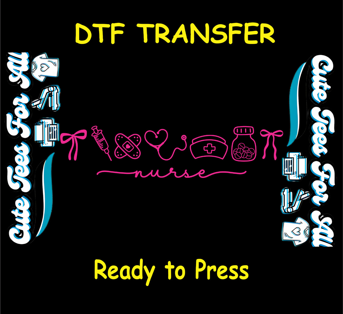 Nurse ready to press dtf transfer with pink line art nurse icons syringe heart line cap medicine jar and nurse script
