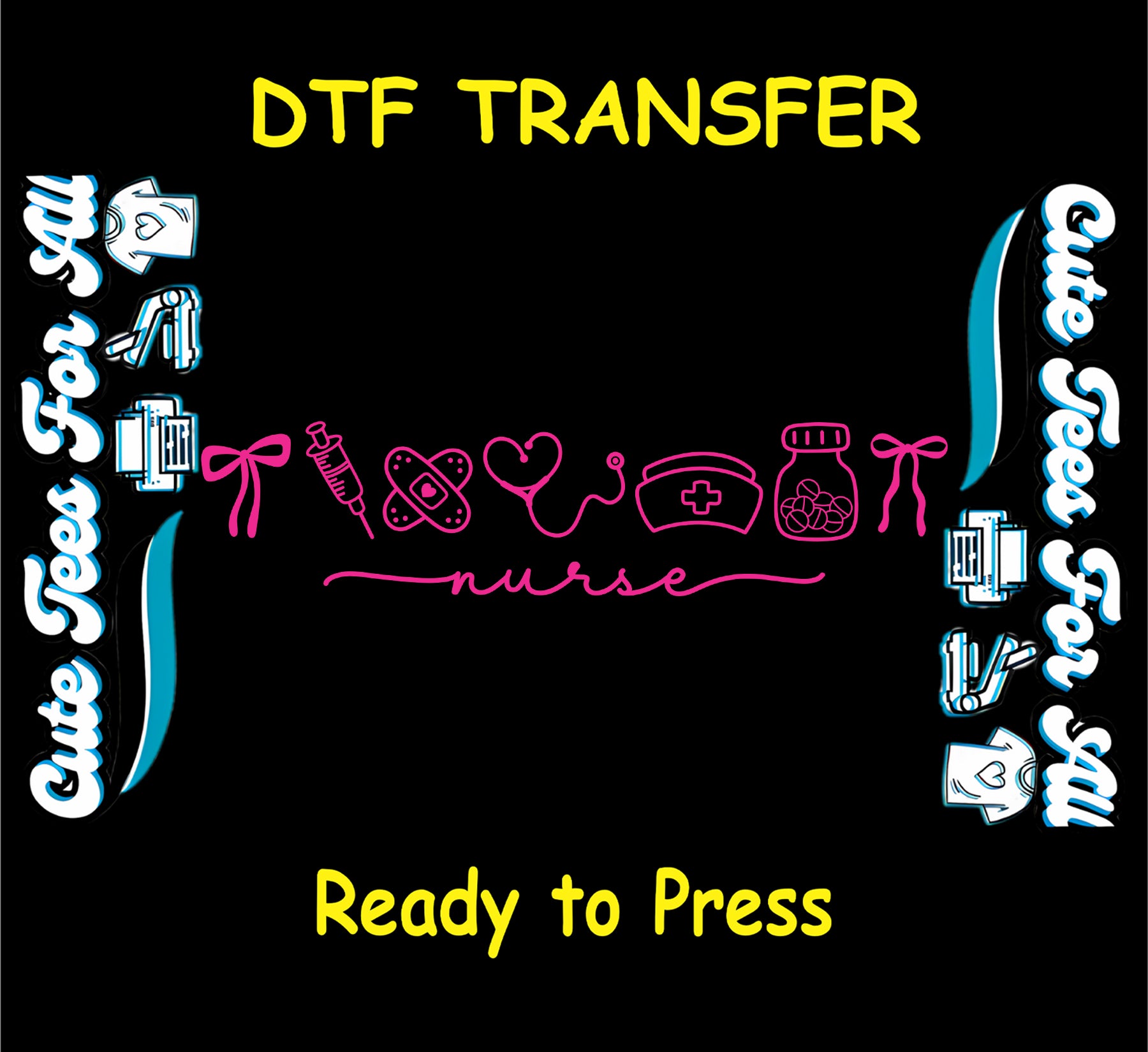 Nurse ready to press dtf transfer with pink line art nurse icons syringe heart line cap medicine jar and nurse script