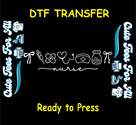 Nurse ready to press dtf transfer with white line art nurse icons syringe heart line cap medicine jar and nurse script