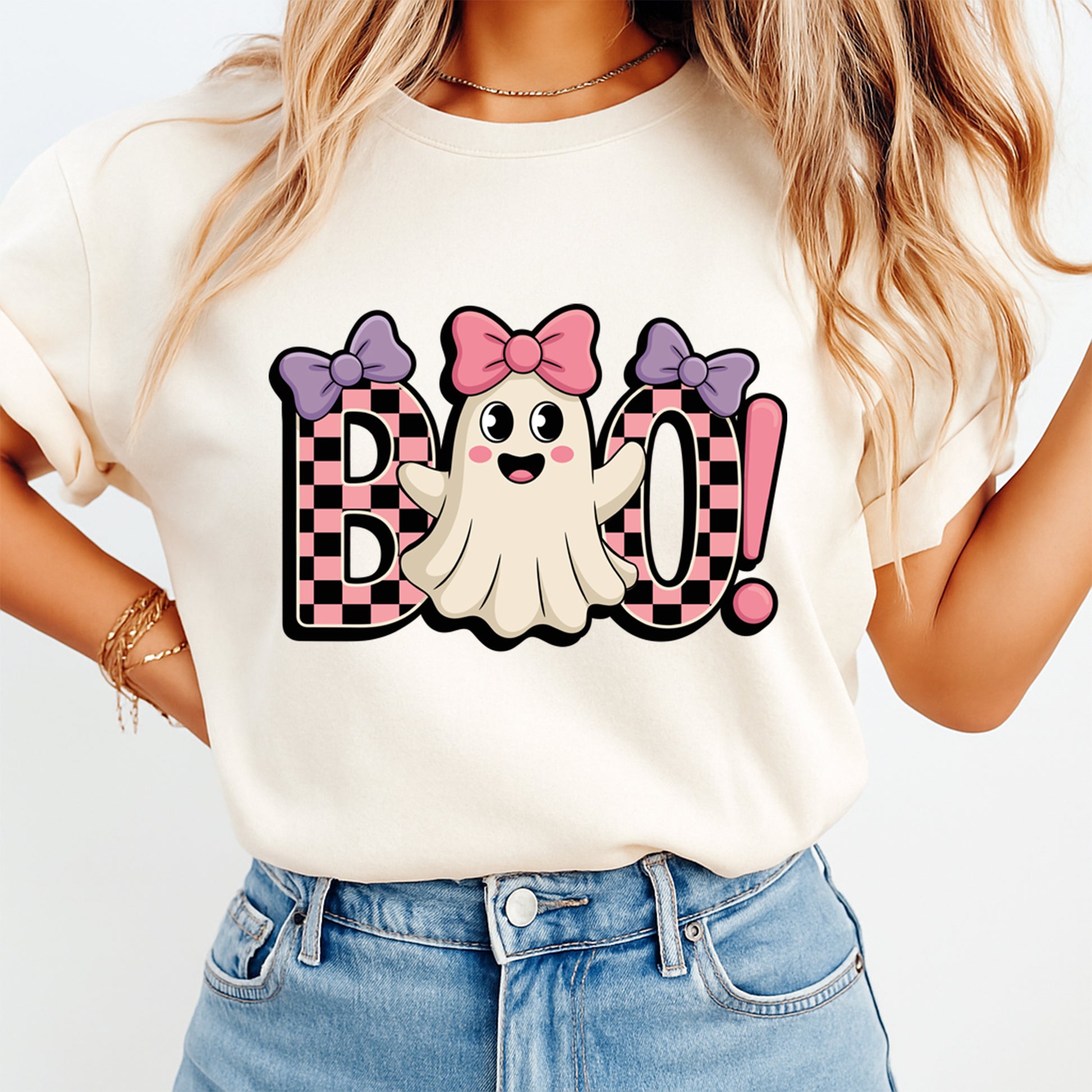 White shirt mockup showing boo ghost bow Halloween heat transfer pressed on shirt