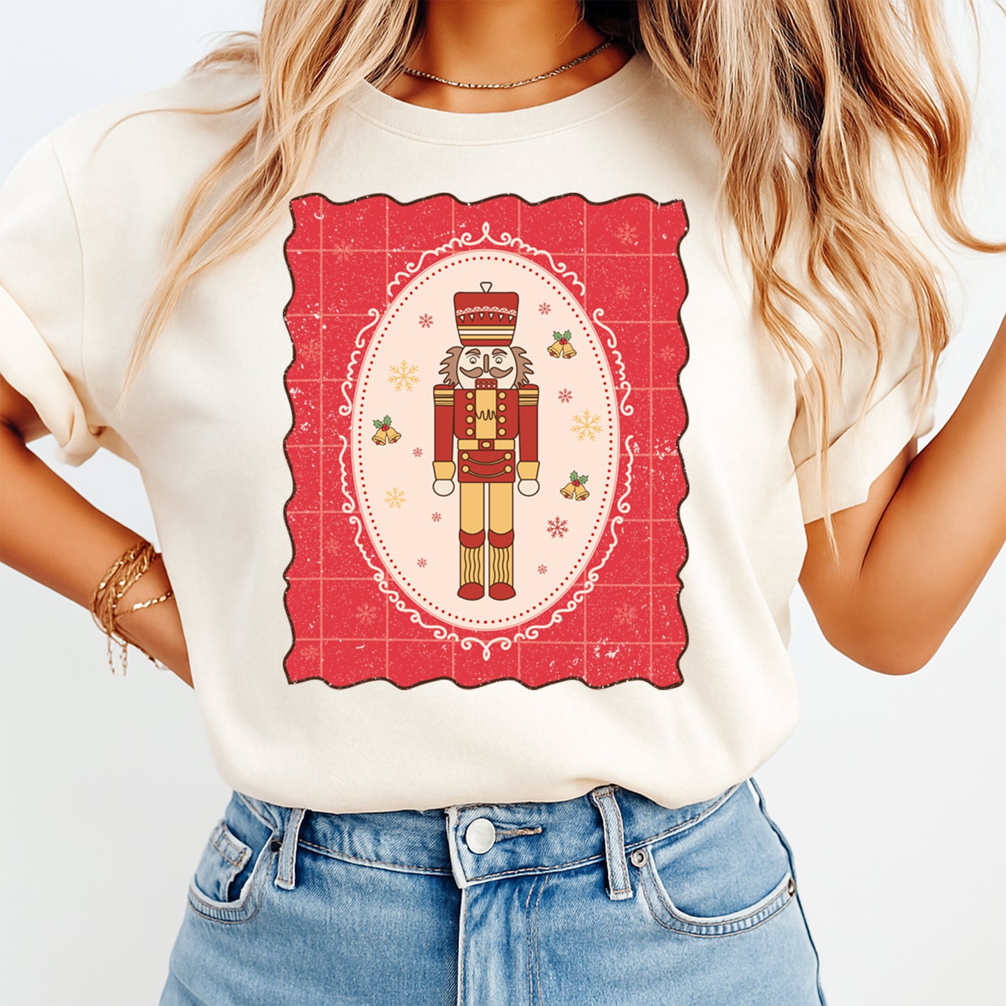 White shirt mockup showing vintage nutcracker Christmas heat transfer design pressed on shirt
