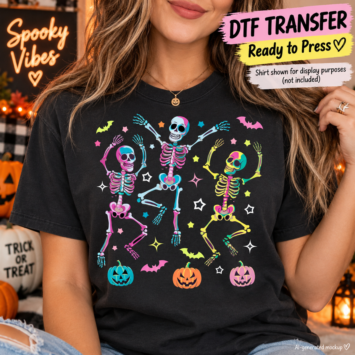 Neon Dancing Skeletons Halloween DTF Transfer  mock up on a black shirt - Ready to Press 12919