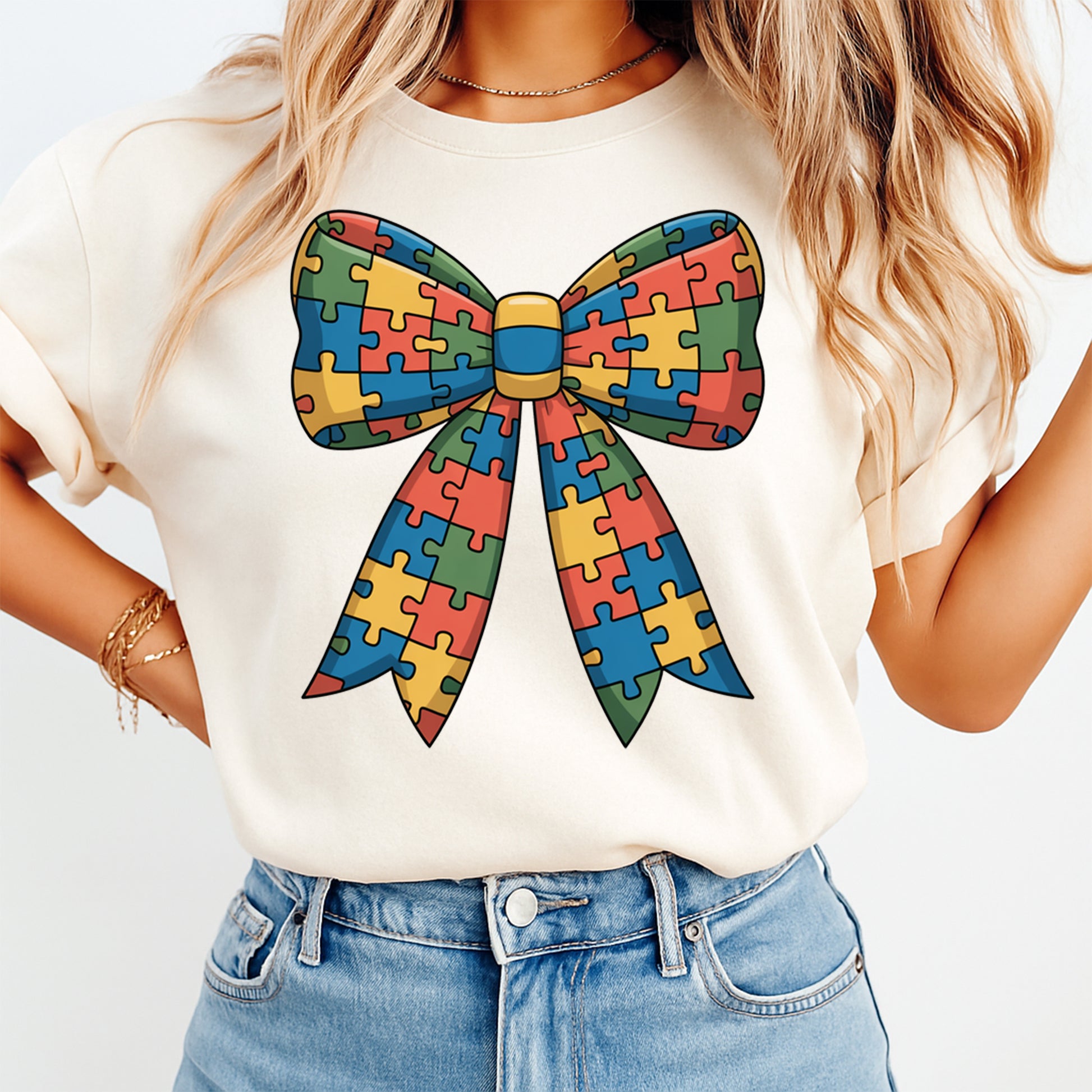 autism puzzle bow graphic shown on shirt mockup ready to press dtf transfer apparel preview
