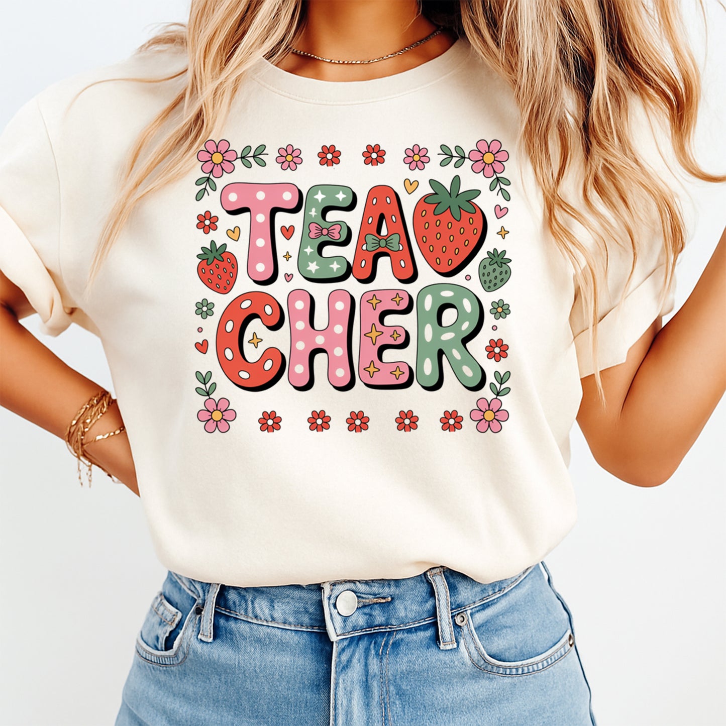 Teacher strawberry floral graphic pressed on shirt showing TEA CHER design heat transfer decal for DIY summer shirts