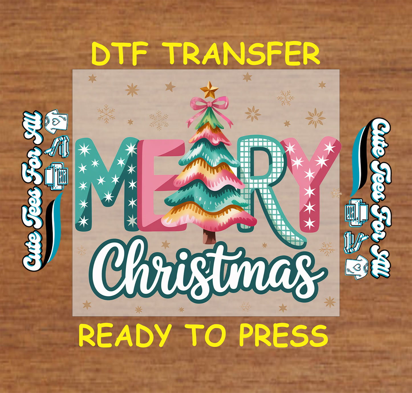 Merry Christmas tree typography with snowflakes and festive lettering ready to press dtf transfer iron on heat transfer for diy christmas shirts