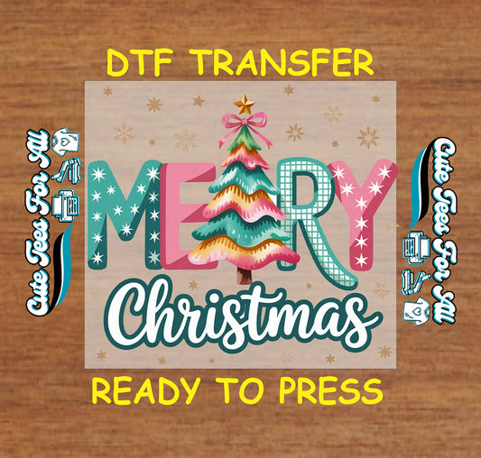 Merry Christmas tree typography with snowflakes and festive lettering ready to press dtf transfer iron on heat transfer for diy christmas shirts