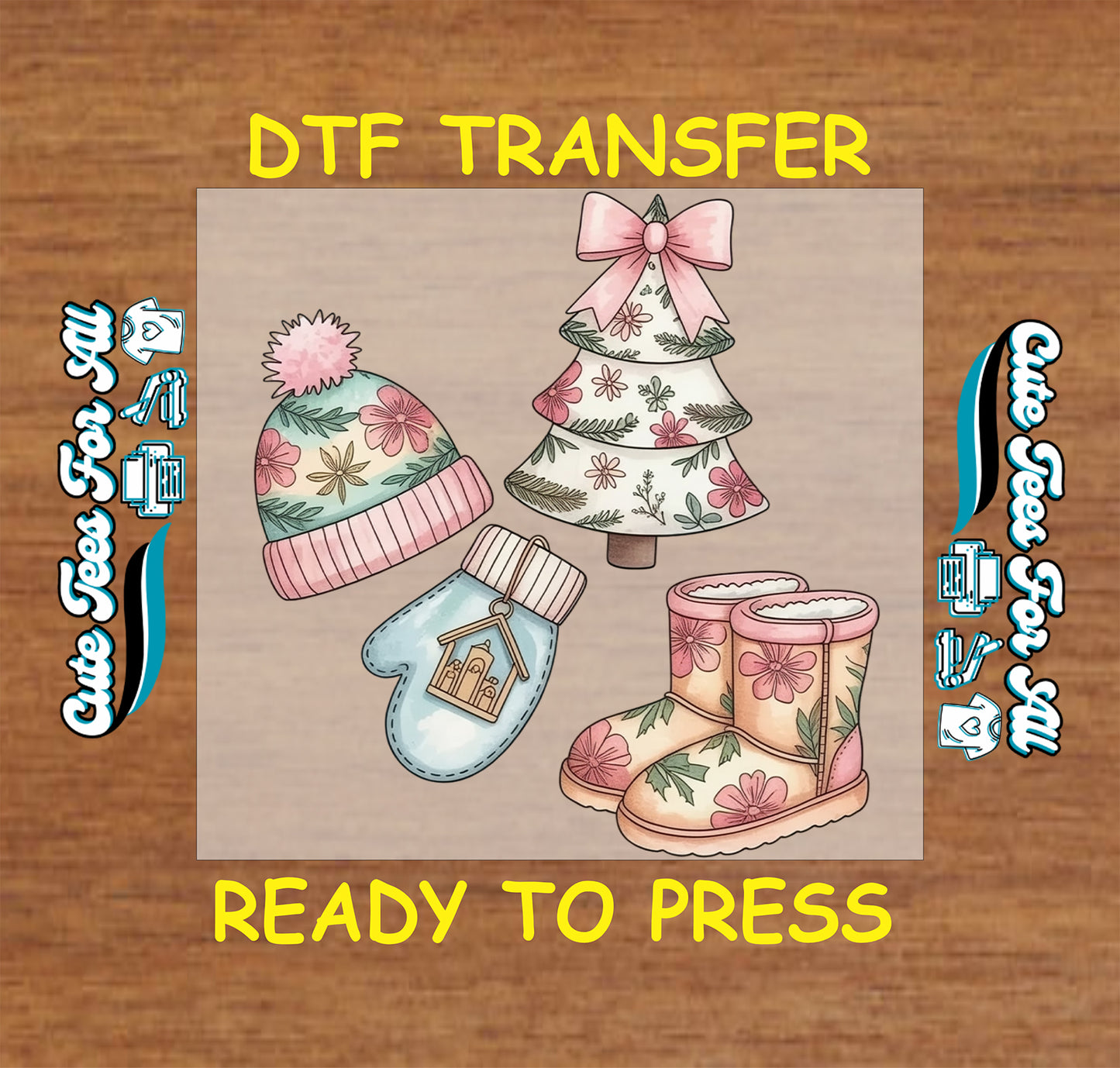 Winter floral christmas dtf transfer artwork with pastel holiday boots, mittens, knit hat, and christmas tree ready to press dtf design