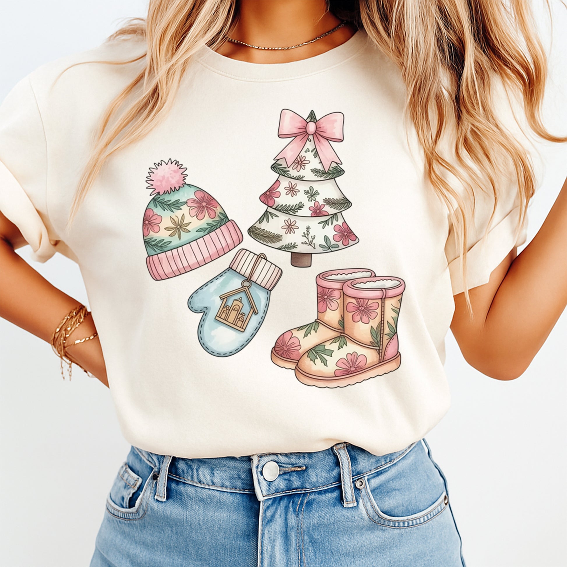 Cream t shirt mockup showing winter floral christmas dtf transfer with holiday boots, mittens, hat, and decorated christmas tree
