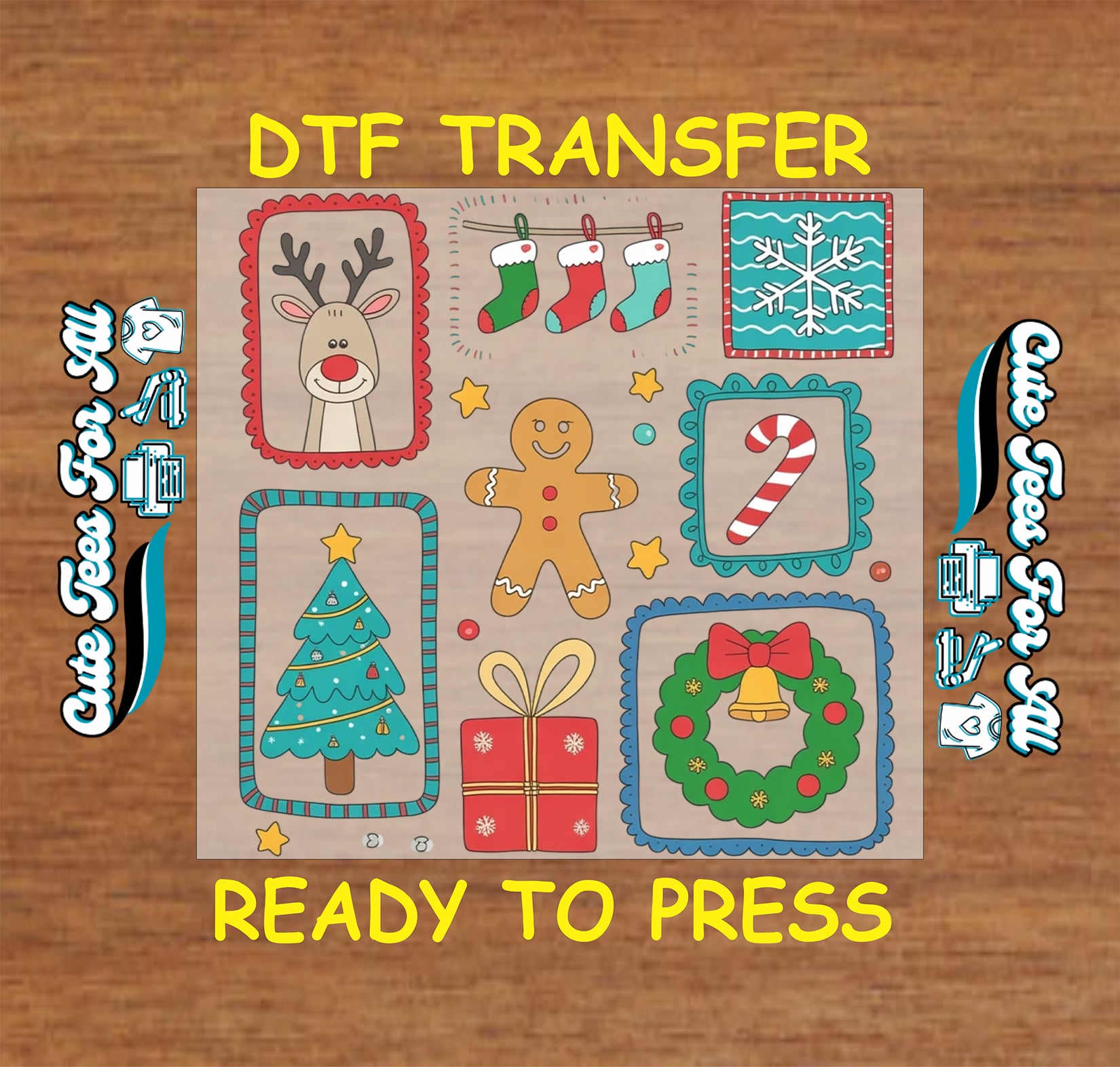 Christmas holiday patch icons dtf transfer artwork with reindeer stockings gingerbread candy cane wreath and tree ready to press dtf