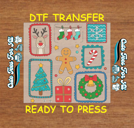 Christmas holiday patch icons dtf transfer artwork with reindeer stockings gingerbread candy cane wreath and tree ready to press dtf