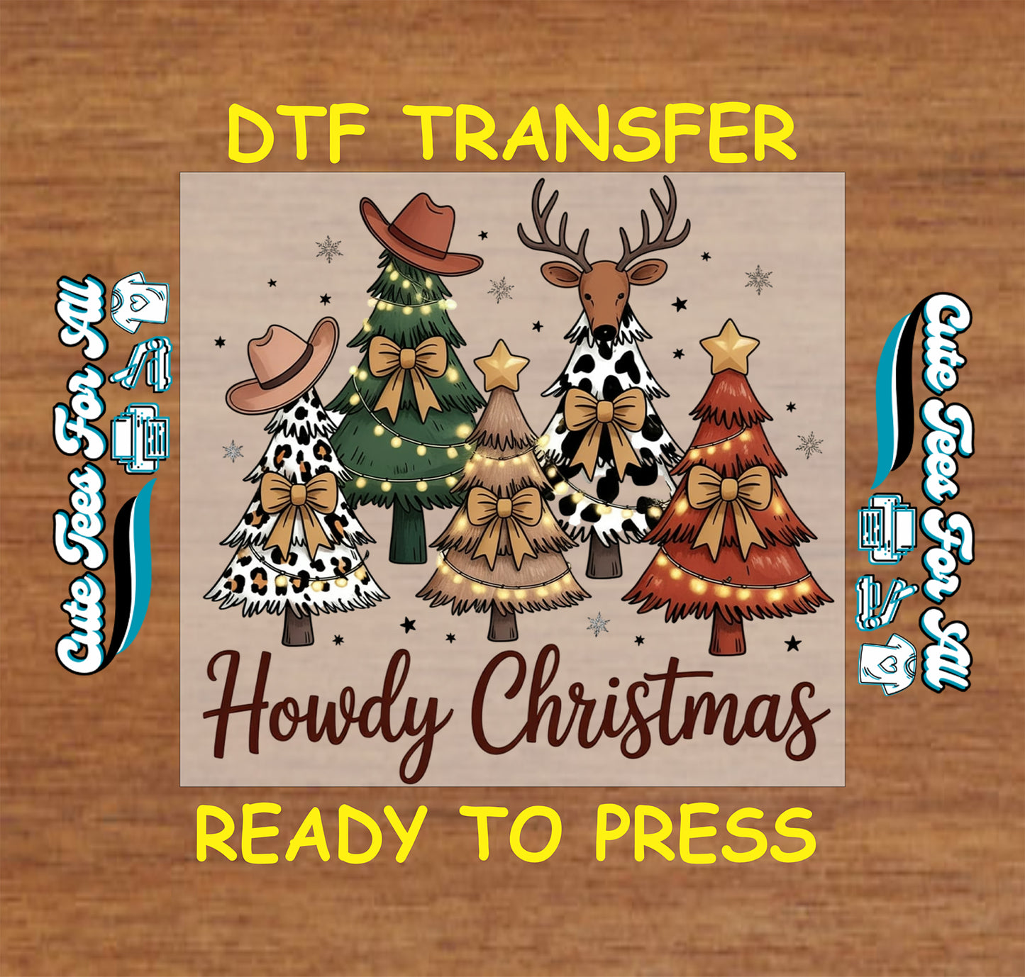 Howdy Christmas western christmas dtf transfer artwork with cowboy hat trees rustic bows lights and deer ready to press dtf