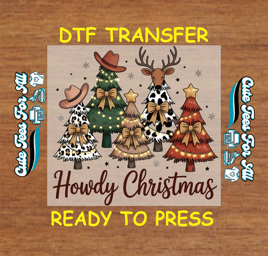 Howdy Christmas western christmas dtf transfer artwork with cowboy hat trees rustic bows lights and deer ready to press dtf