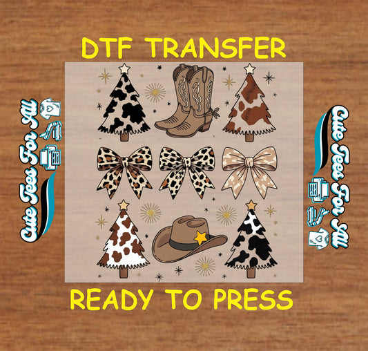Western christmas cow print dtf transfer artwork with cowboy boots bows hats and holiday trees ready to press dtf