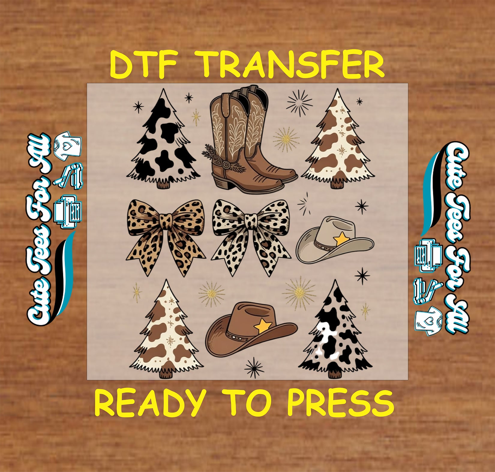 Western christmas cow print and leopard dtf transfer artwork with cowboy boots bows hats and holiday trees ready to press dtf