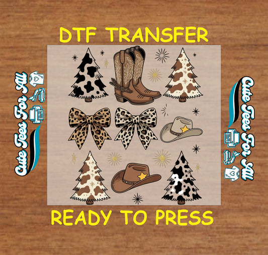 Western christmas cow print and leopard dtf transfer artwork with cowboy boots bows hats and holiday trees ready to press dtf