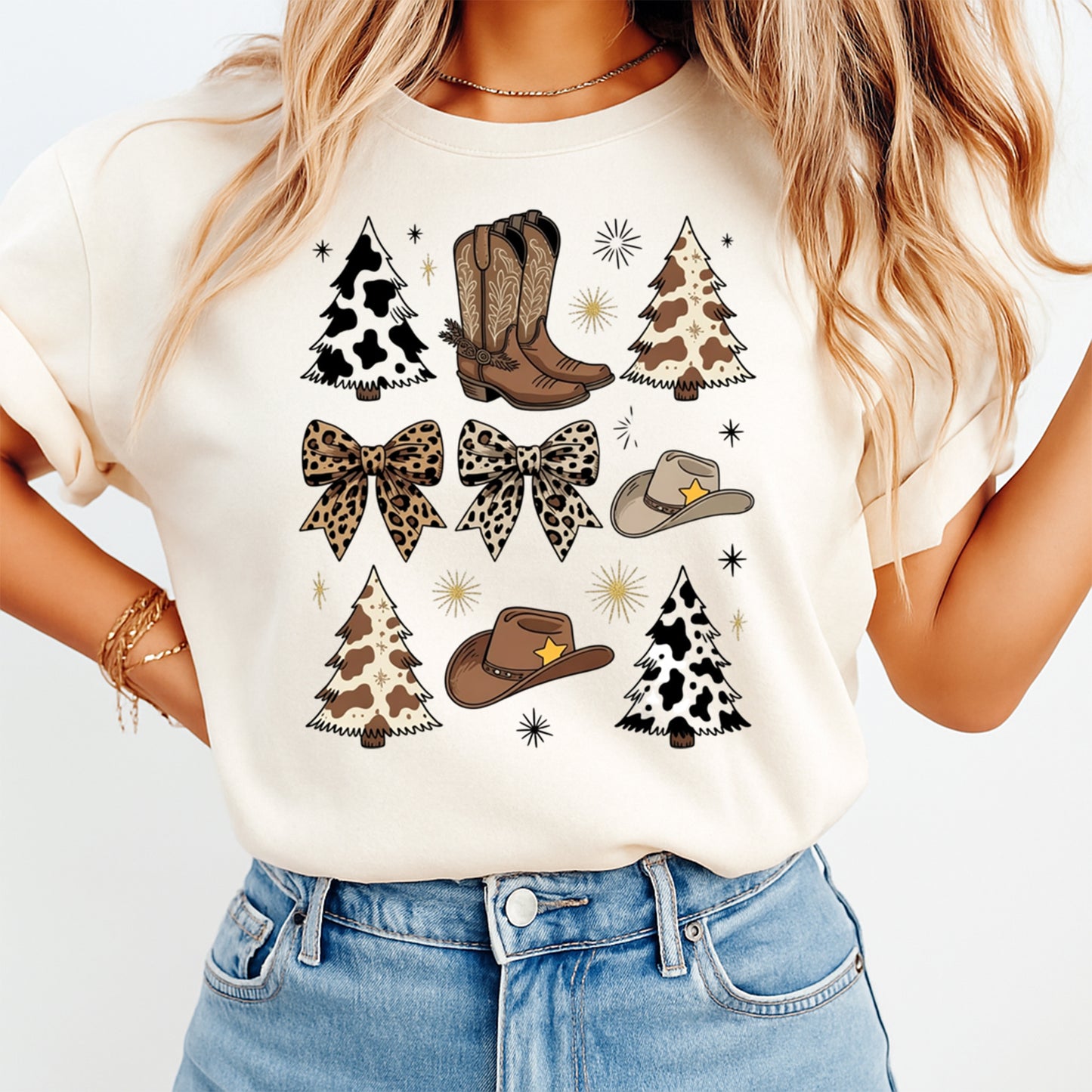 Cream t shirt mockup showing western christmas cow print and leopard holiday dtf transfer with rustic animal print icons