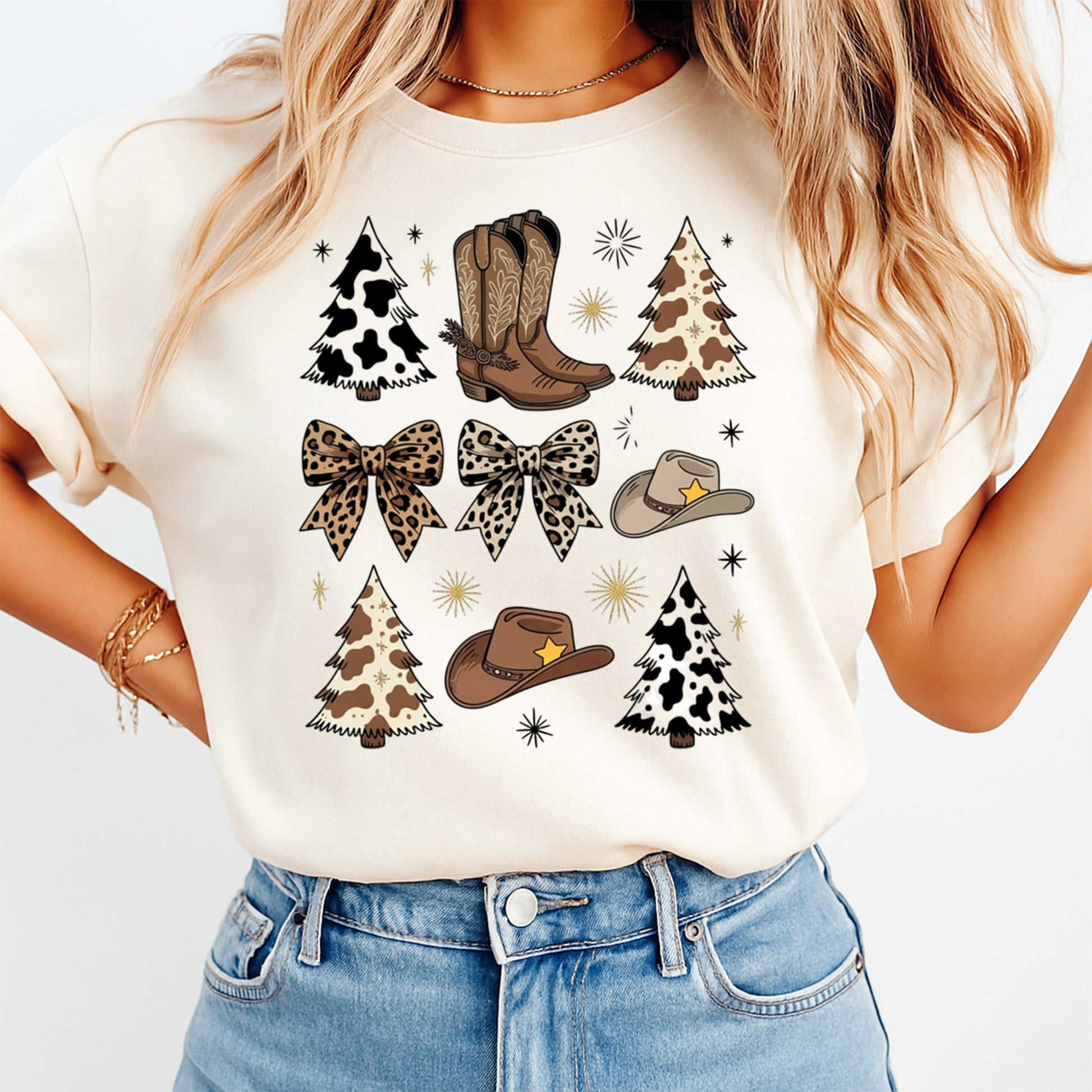 Cream t shirt mockup showing western christmas cow print and leopard holiday dtf transfer with rustic animal print icons