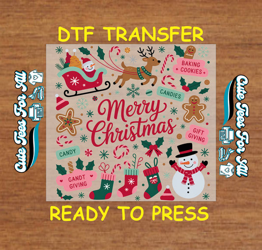 Merry Christmas dtf transfer artwork with santa sleigh reindeer gingerbread candy canes stockings snowman and holiday icons ready to press dtf