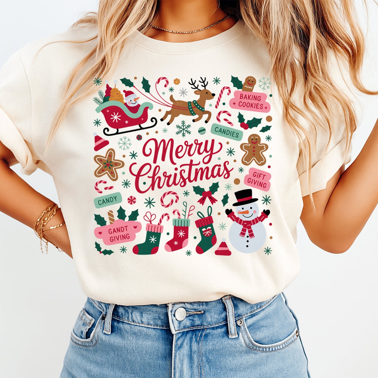Cream t shirt mockup showing merry christmas holiday dtf transfer with classic christmas icons and colorful festive elements