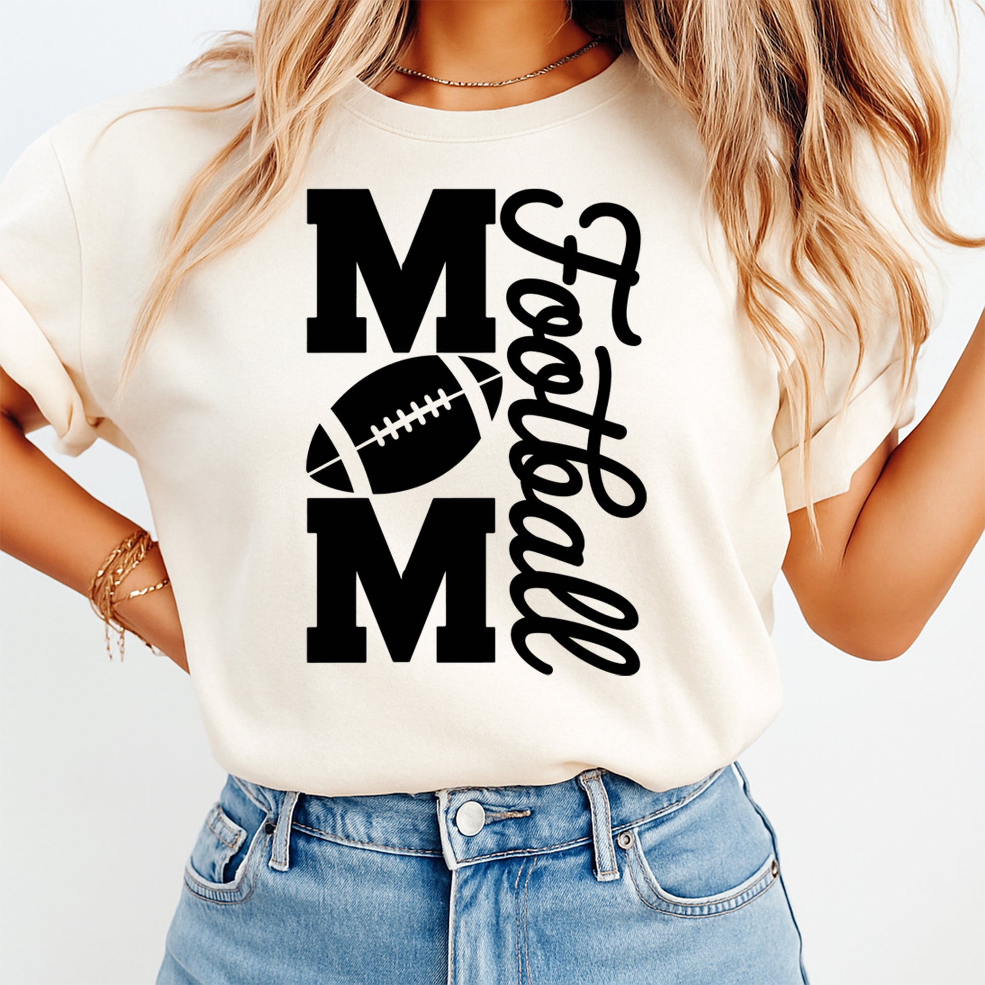 Cream t shirt mockup showing mom football dtf transfer with black sports lettering and football icon