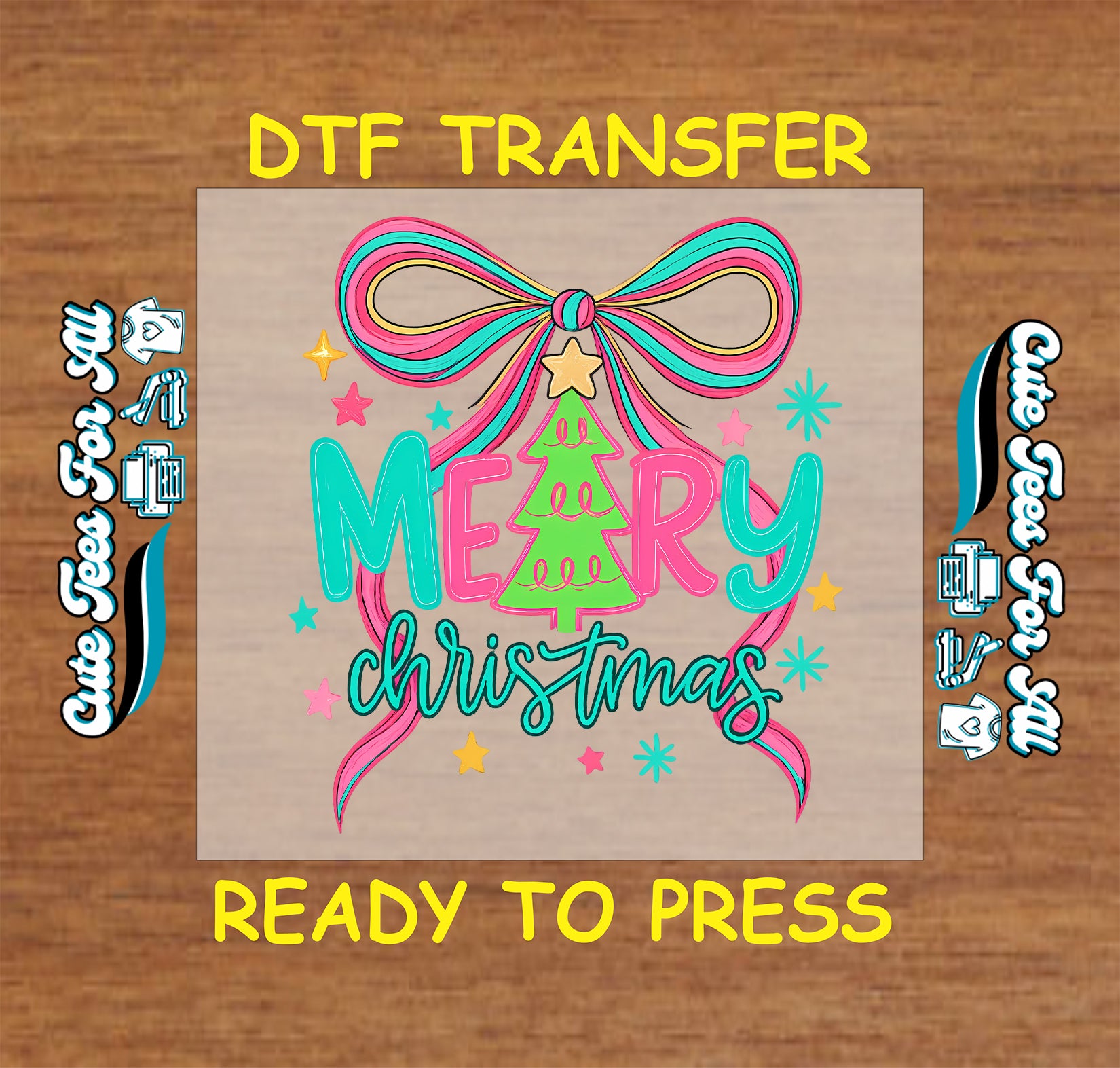 Merry Christmas dtf transfer artwork with colorful bow ribbon tree star accents and festive lettering ready to press dtf