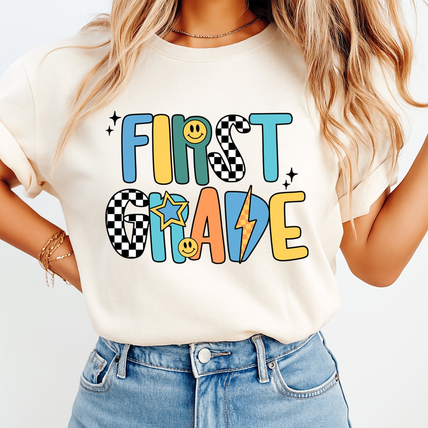 First grade school graphic typography printed on cream t shirt mockup for back to school apparel