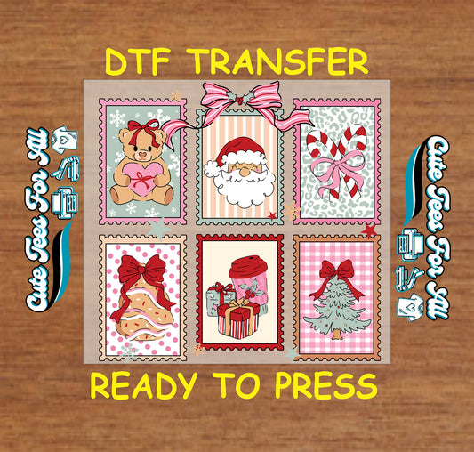 Vintage Christmas stamp collage with Santa teddy bear candy canes gifts and bows ready to press dtf transfer