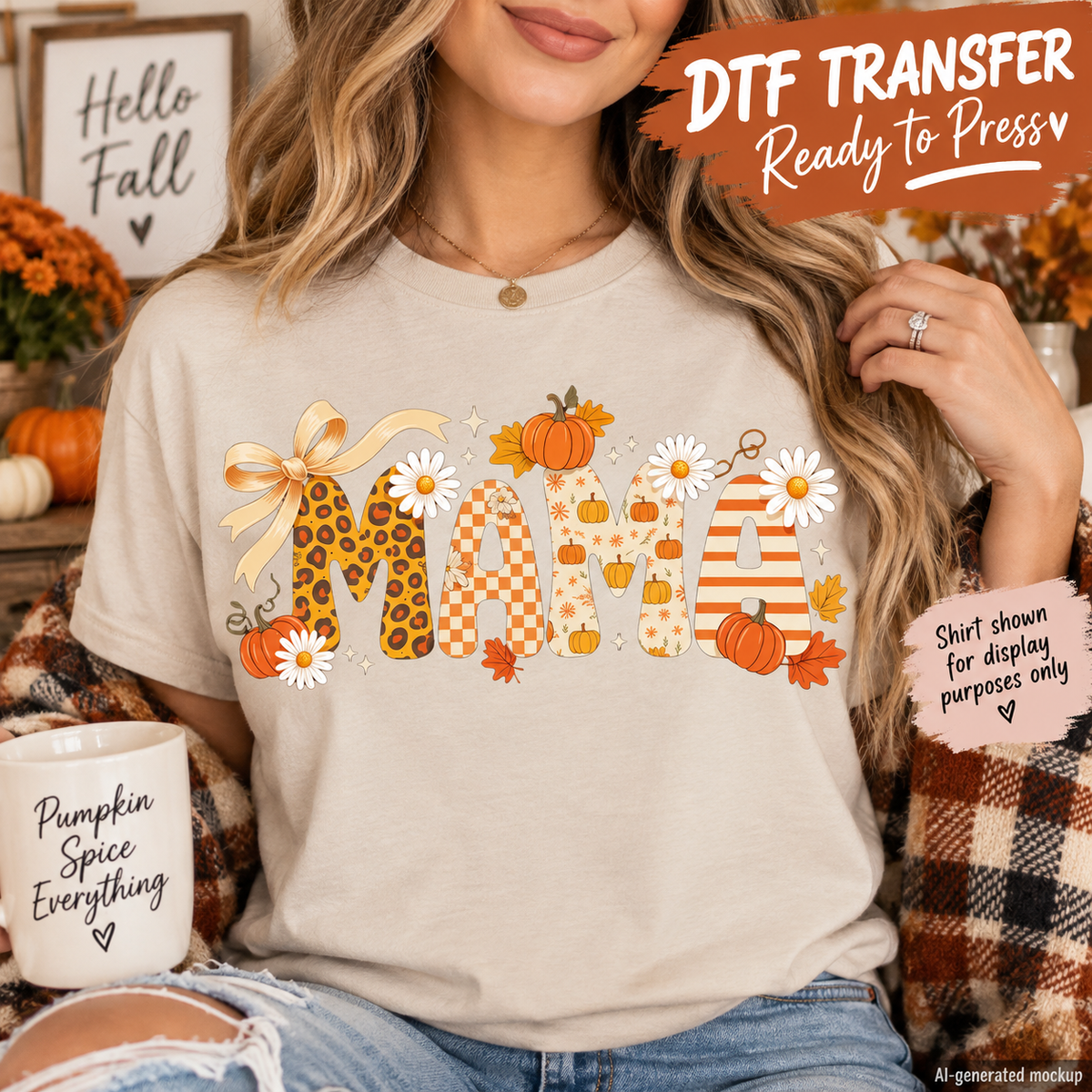 A woman wearing a beige graphic T-shirt with a fall-themed 'MAMA' design featuring leopard print, checkered pattern, orange pumpkins, daisies, and autumn leaves. The photo is styled with fall decorations, a mug, and promotional text overlays for a DTF transfer.