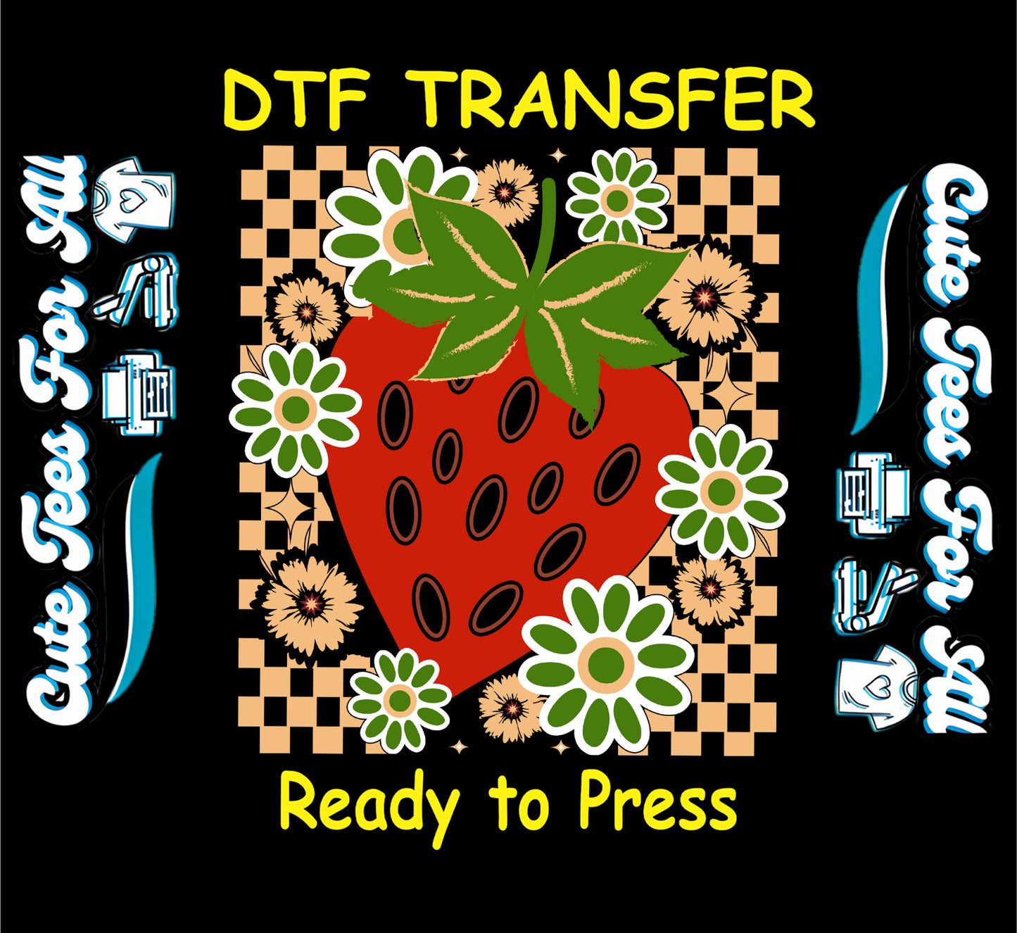 Strawberry floral checkerboard illustration with retro flowers, ready to press dtf iron on heat transfer