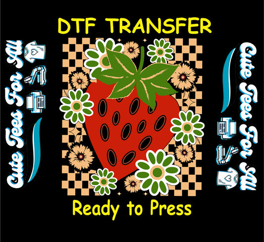 Strawberry floral checkerboard illustration with retro flowers, ready to press dtf iron on heat transfer