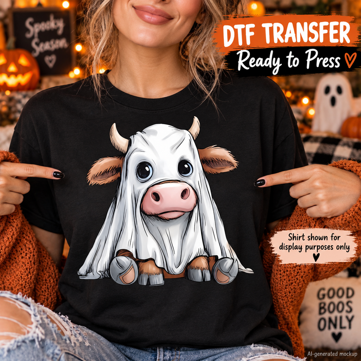 Cute Cow Ghost Halloween DTF Transfer  mock up - Ready to Press 12954