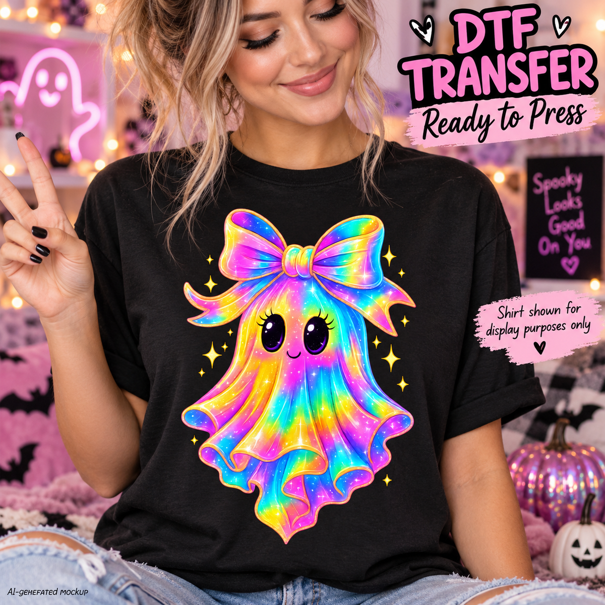 Rainbow Ghost with Bow Halloween DTF Transfer  mock up - Ready to Press 12955