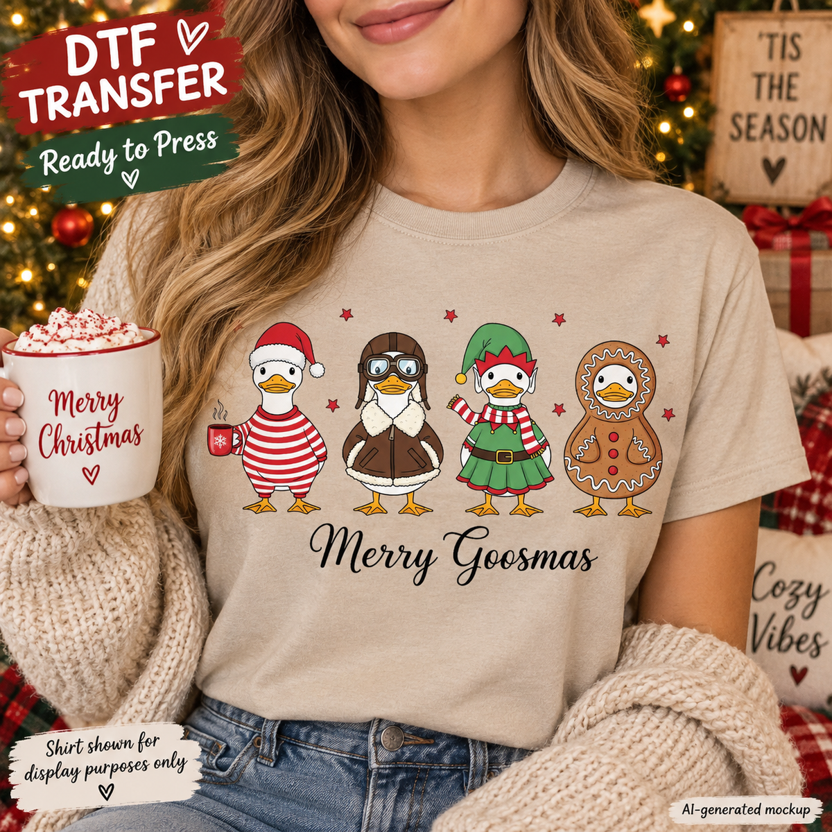 A woman wearing a beige graphic T-shirt with a Christmas duck-themed print and the text 'Merry Goosmas,' holding a mug that says 'Merry Christmas.' The scene is a cozy holiday setup with a Christmas tree, wrapped gifts, and promotional text overlays for a DTF transfer mockup.