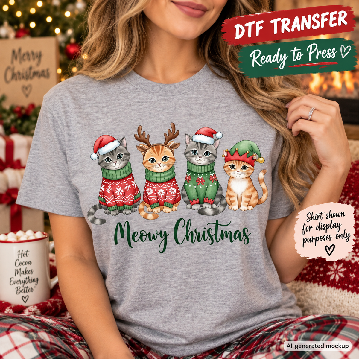 A woman wearing a heather gray t-shirt with a festive graphic of four cats dressed in Christmas sweaters and hats, above the text 'Meowy Christmas'. The image is a mockup with holiday decorations in the background, featuring overlays for 'DTF TRANSFER' and 'Ready to Press'.