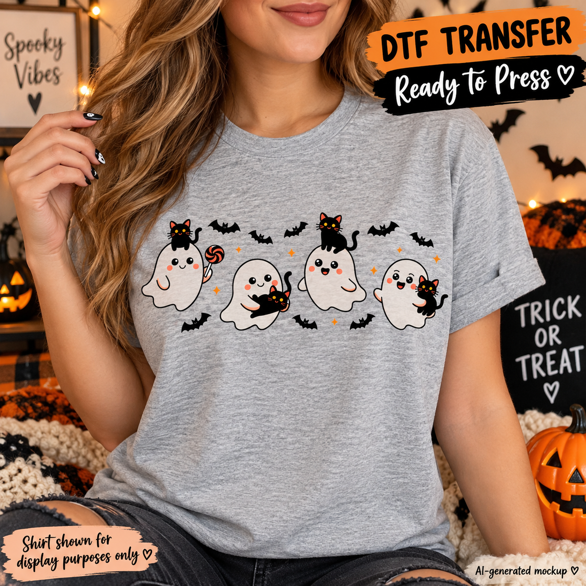 A woman wearing a heather gray t-shirt with a cartoon Halloween graphic of ghosts, bats, and cats. The image includes promotional text overlays for a 'DTF TRANSFER Ready to Press' product.