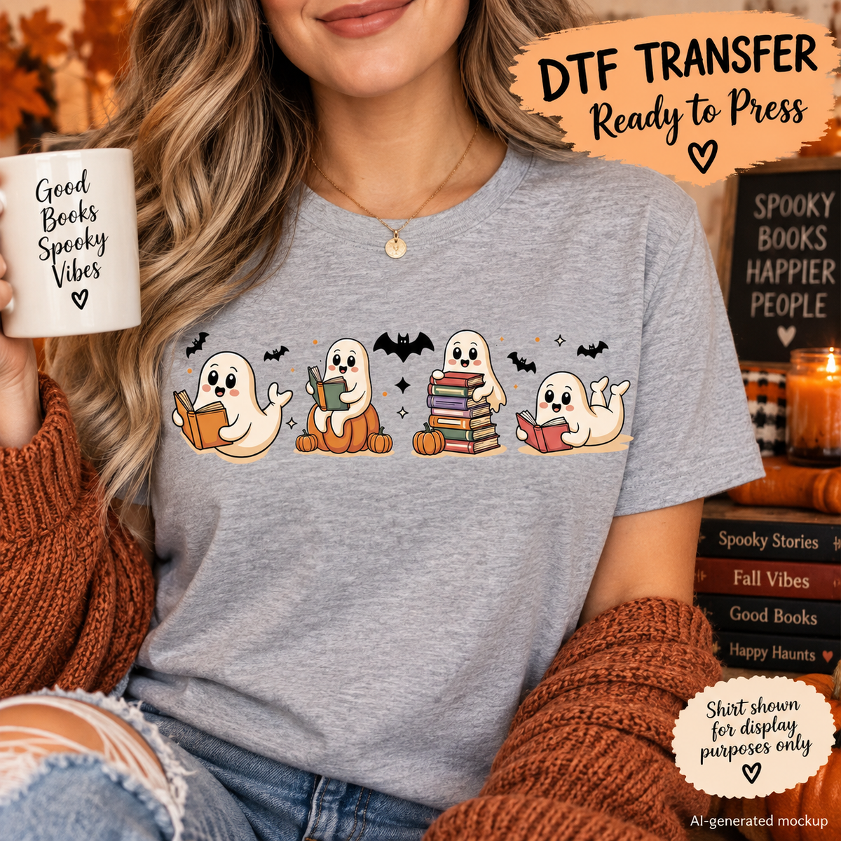A woman wearing a heather gray t-shirt with a cartoon graphic of four ghosts reading books, surrounded by Halloween elements. She is holding a white mug that says 'Good Books Spooky Vibes'.
