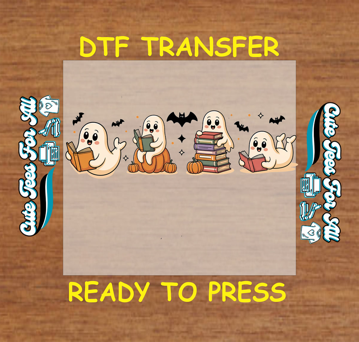 A DTF transfer sheet featuring four cute cartoon ghosts reading books in Halloween-themed poses, displayed on a brown wood-grain background with 'DTF TRANSFER' and 'READY TO PRESS' text.