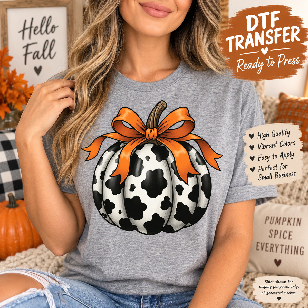 A woman wearing a heather gray t-shirt with a graphic of a black and white cow-print pumpkin tied with an orange bow. The image includes promotional text overlays for a DTF transfer service.