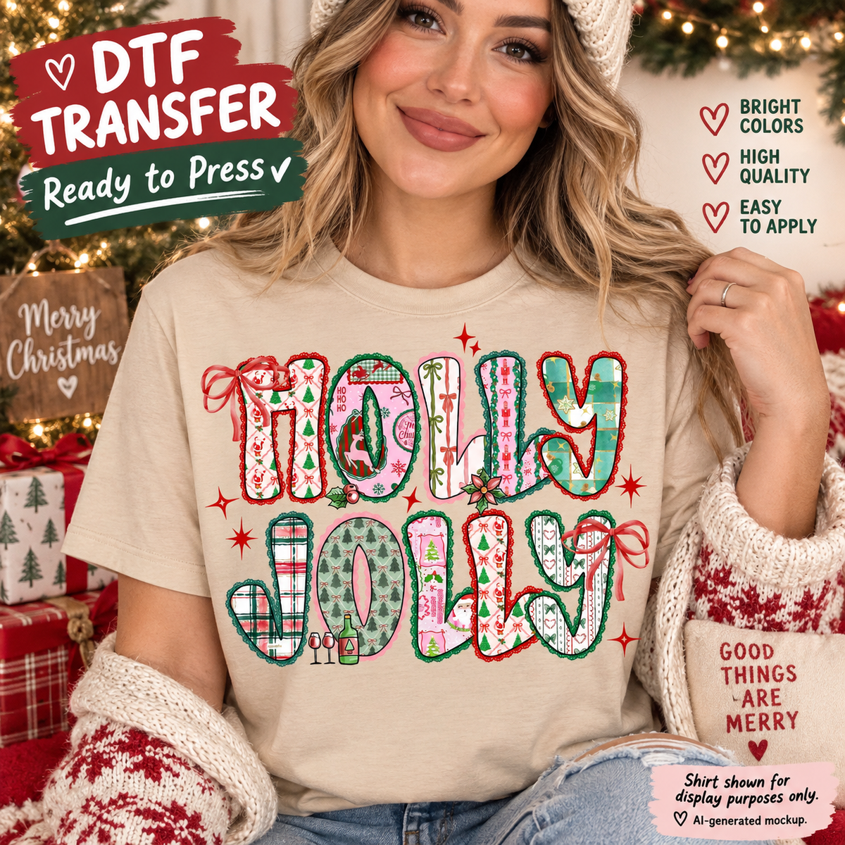 A woman wearing a beige t-shirt with a colorful 'HOLLY JOLLY' graphic design, posed in a cozy Christmas setting with wrapped gifts and holiday decorations. Text overlays highlight the features of a DTF transfer.