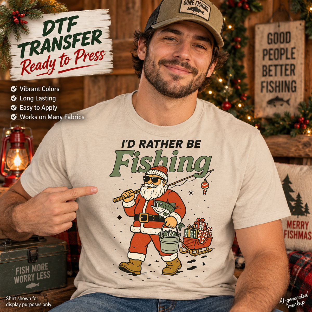 A man wearing a beige t-shirt with a festive Christmas-themed graphic that reads 'I'D RATHER BE Fishing' featuring Santa Claus with a fishing rod and sled. The image is a promotional mockup for a DTF (Direct to Fabric) transfer, with text overlays highlighting product features and a rustic holiday background.