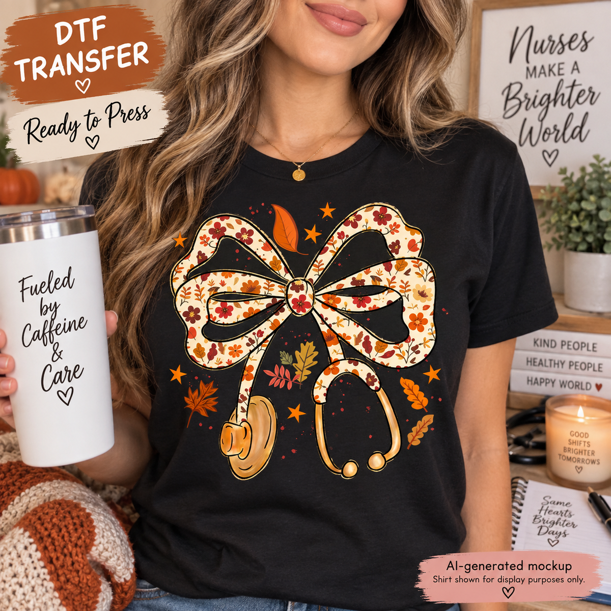 A woman wearing a black graphic T-shirt with a large floral bow and stethoscope design in autumn colors, holding a white insulated tumbler that reads 'Fueled by Caffeine & Care.' The scene is a styled indoor mockup with decorative signs, books, a candle, and promotional text overlays including 'DTF TRANSFER' and 'Ready to Press.