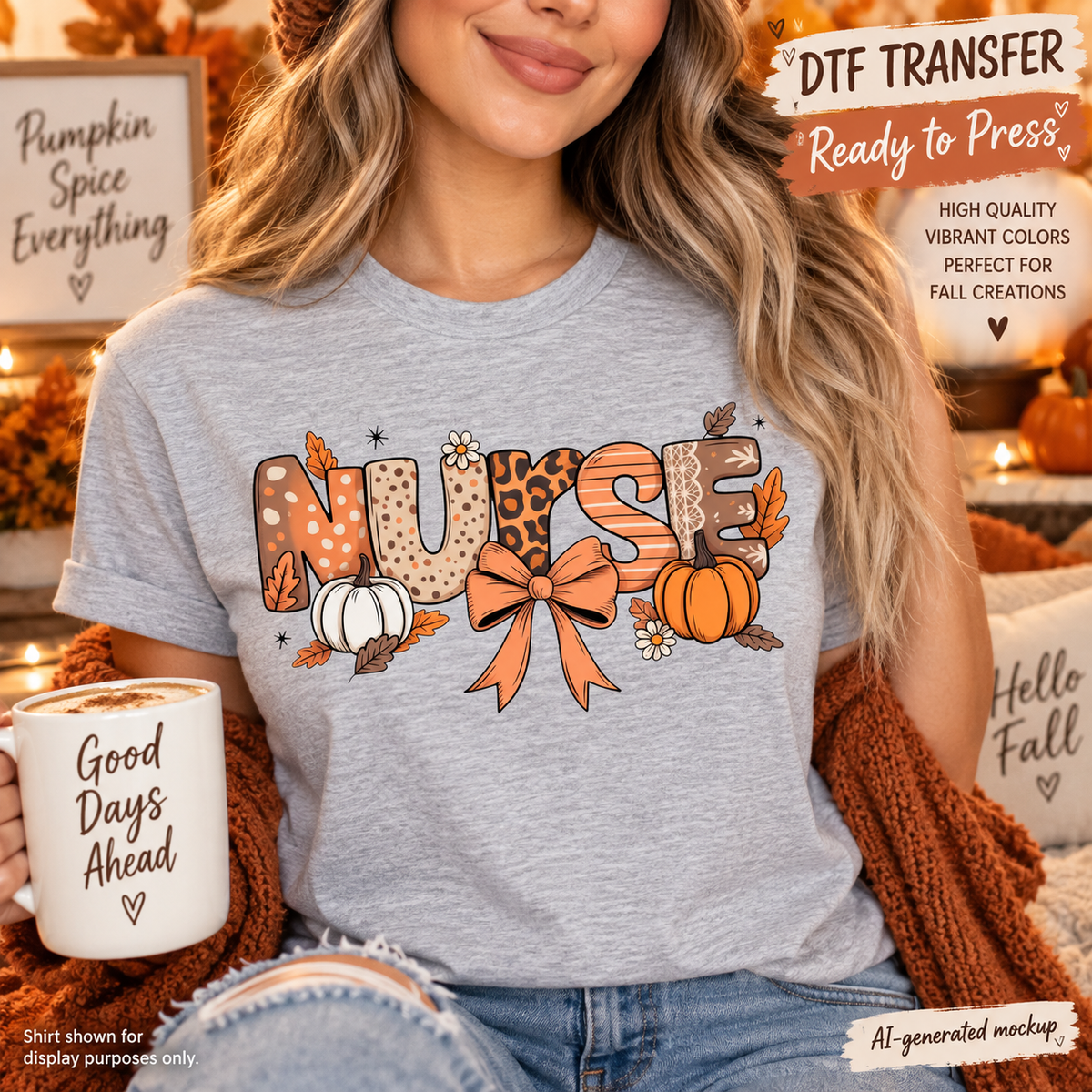 A woman wearing a heather gray t-shirt with a fall-themed 'Nurse' graphic, holding a white mug that says 'Good Days Ahead' in a cozy autumn setting with pumpkins and a knitted sweater.