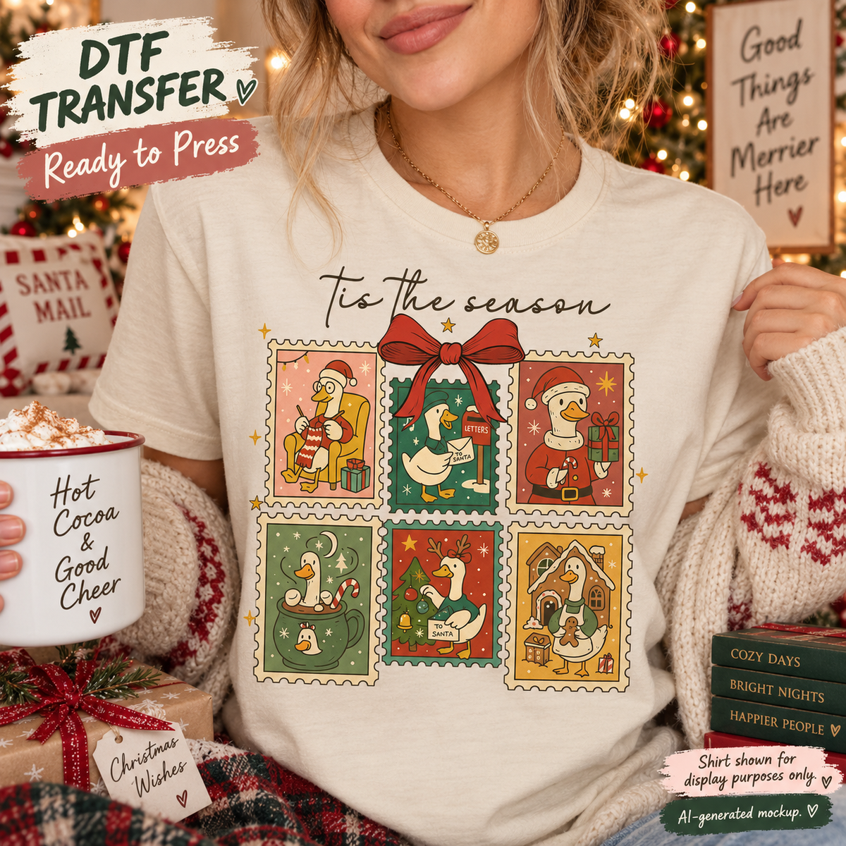 A woman wearing a cream-colored Christmas t-shirt with a 'Tis the season' graphic featuring six festive duck-themed postage stamps. She is holding a mug and surrounded by cozy holiday props, with text overlays indicating the product is a 'DTF Transfer Ready to Press' mockup.