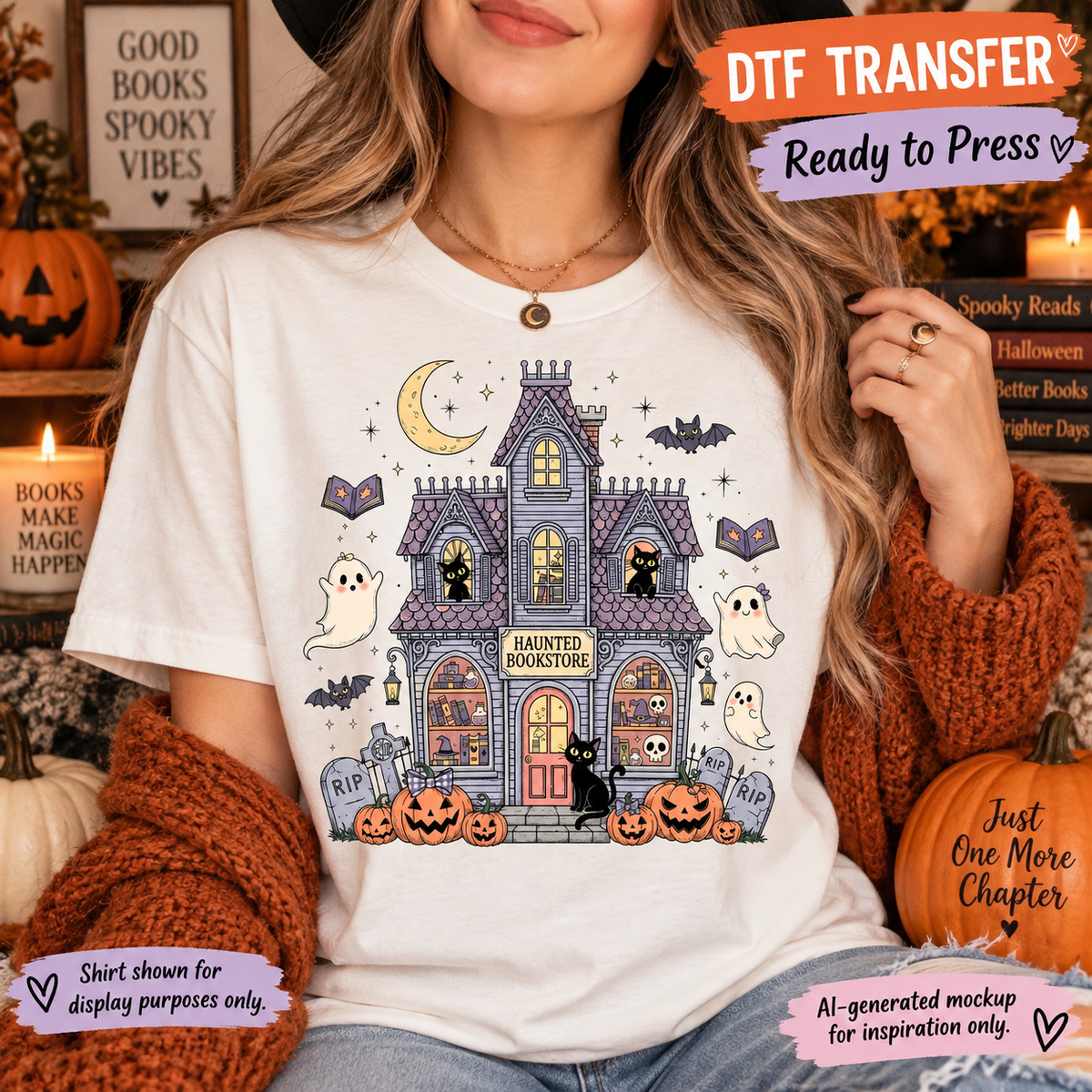 A woman wearing a white graphic T-shirt with a Halloween haunted house design, surrounded by fall props like candles, pumpkins, and books. Promotional text overlays read 'DTF TRANSFER', 'Ready to Press', and 'Shirt shown for display purposes only.