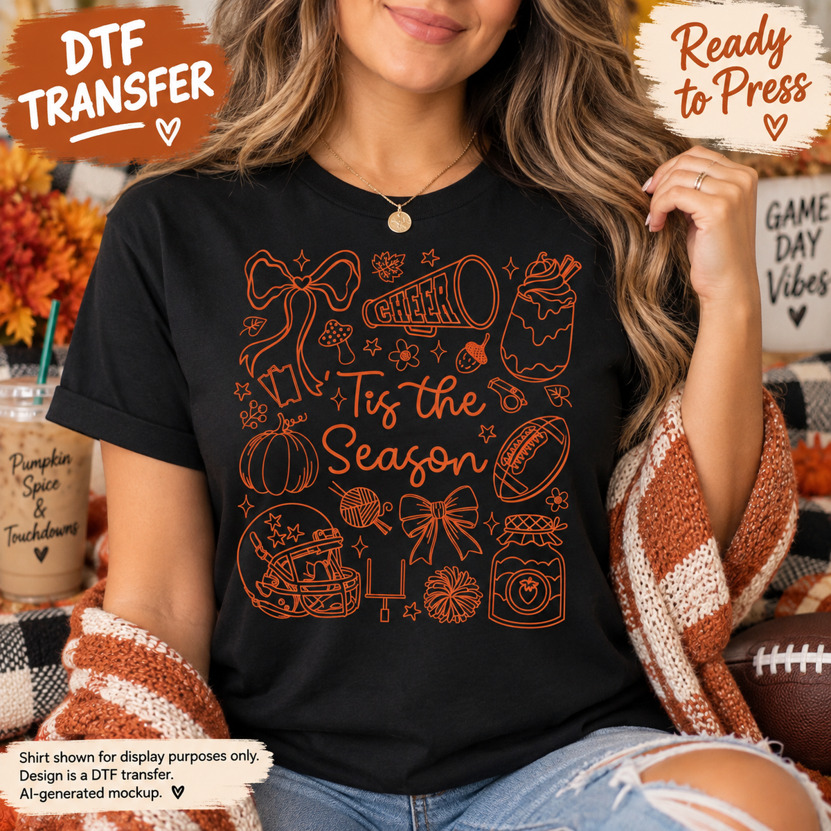 Tis the Season Cheer Football Fall DTF Transfer - Ready to Press 12980 shirt mock up 